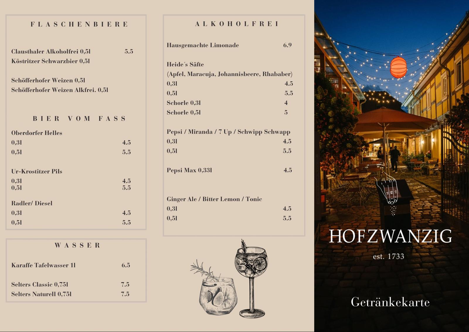 Getränkekarte HOFZWANZIG Seite 1