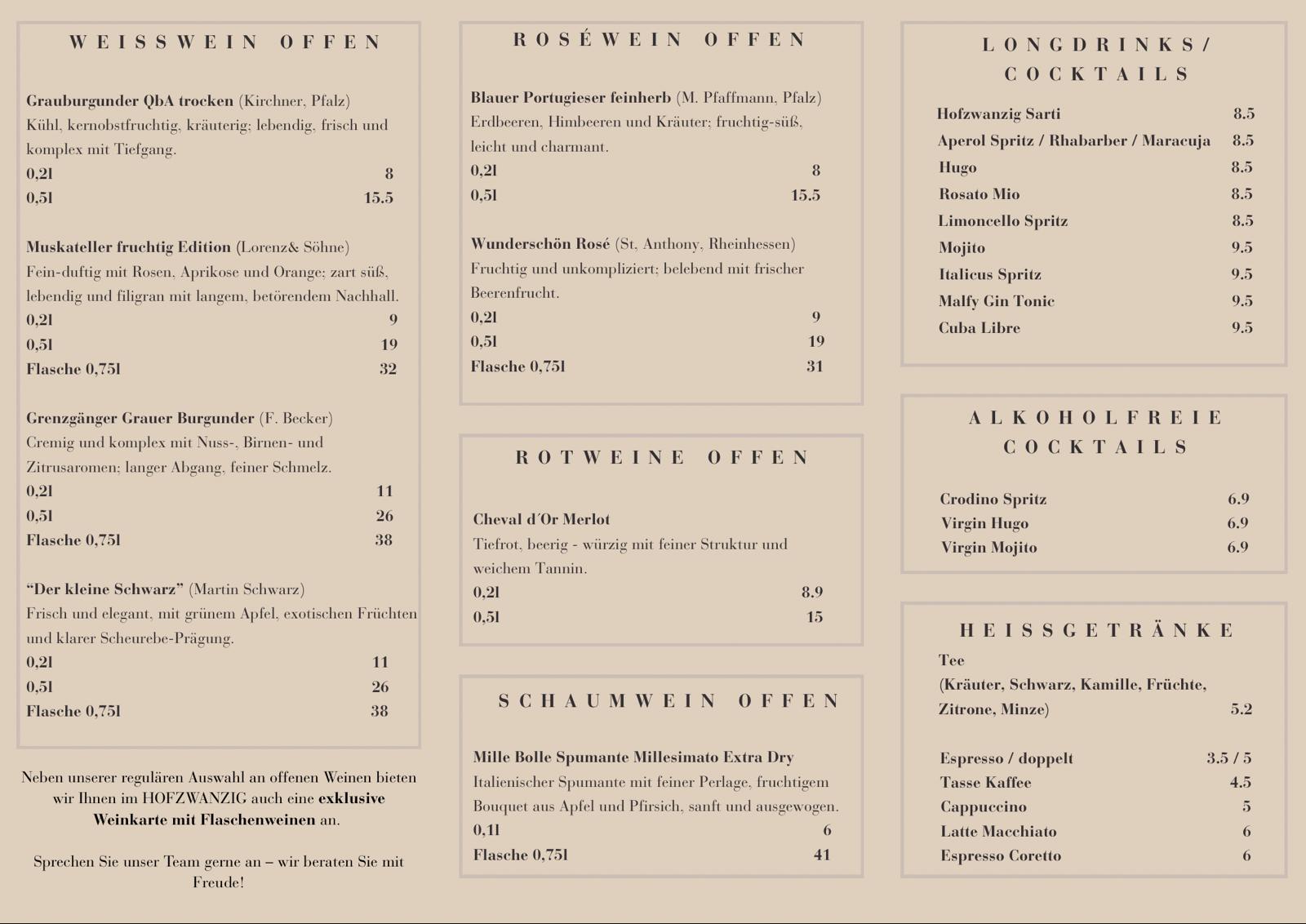Getränkekarte HOFZWANZIG Seite 2